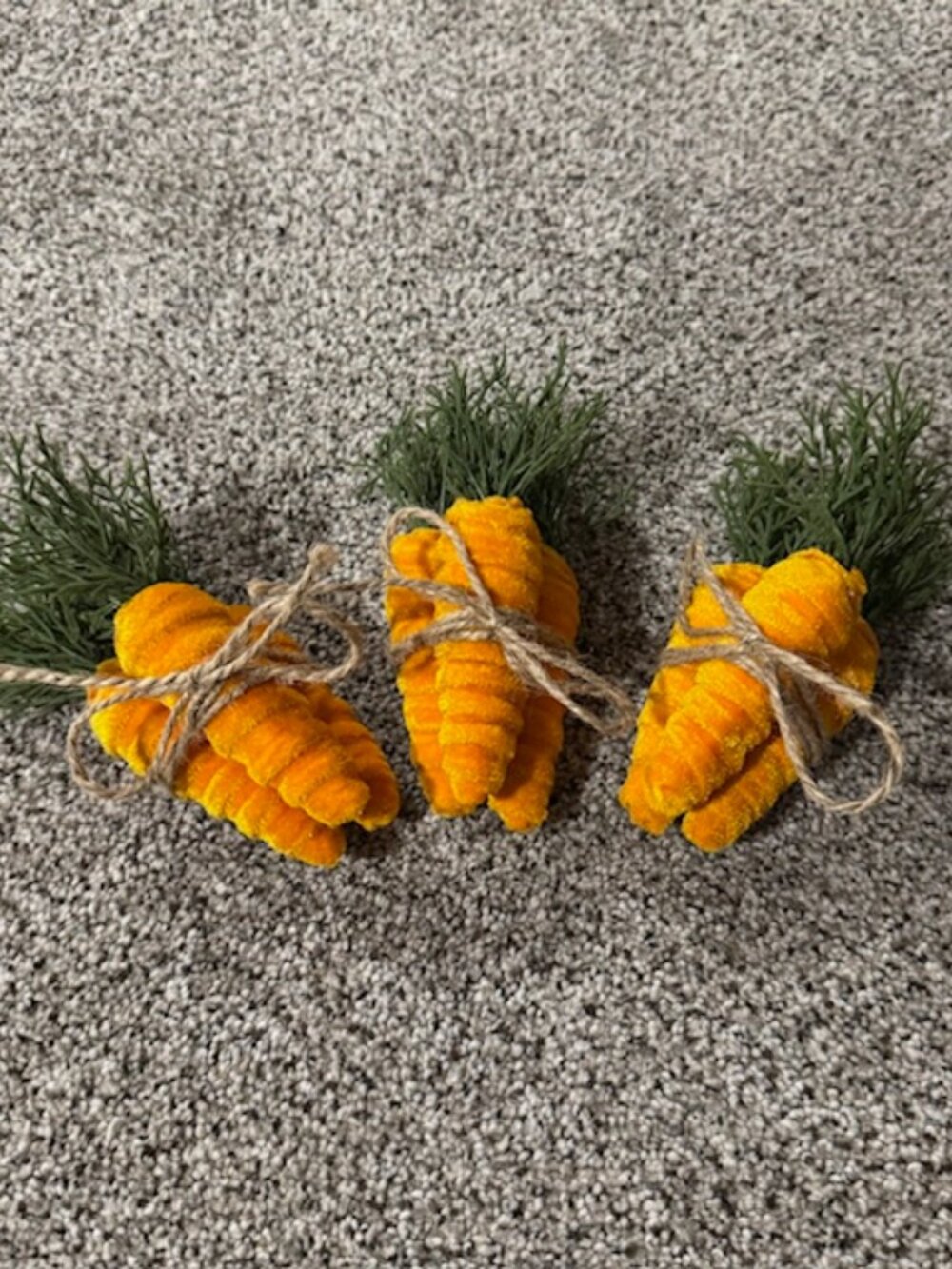 Easter Decor of Three Stacks of Mini Velvet covered Carrots Wrapped in String